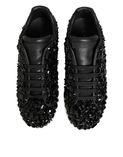 Dolce & Gabbana Black Leather Crystal Low Top Sneaker Shoes