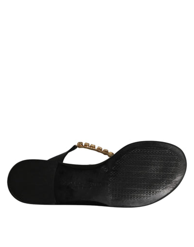 Dolce & Gabbana Black Crystals Flats Sandals Beachwear Shoes