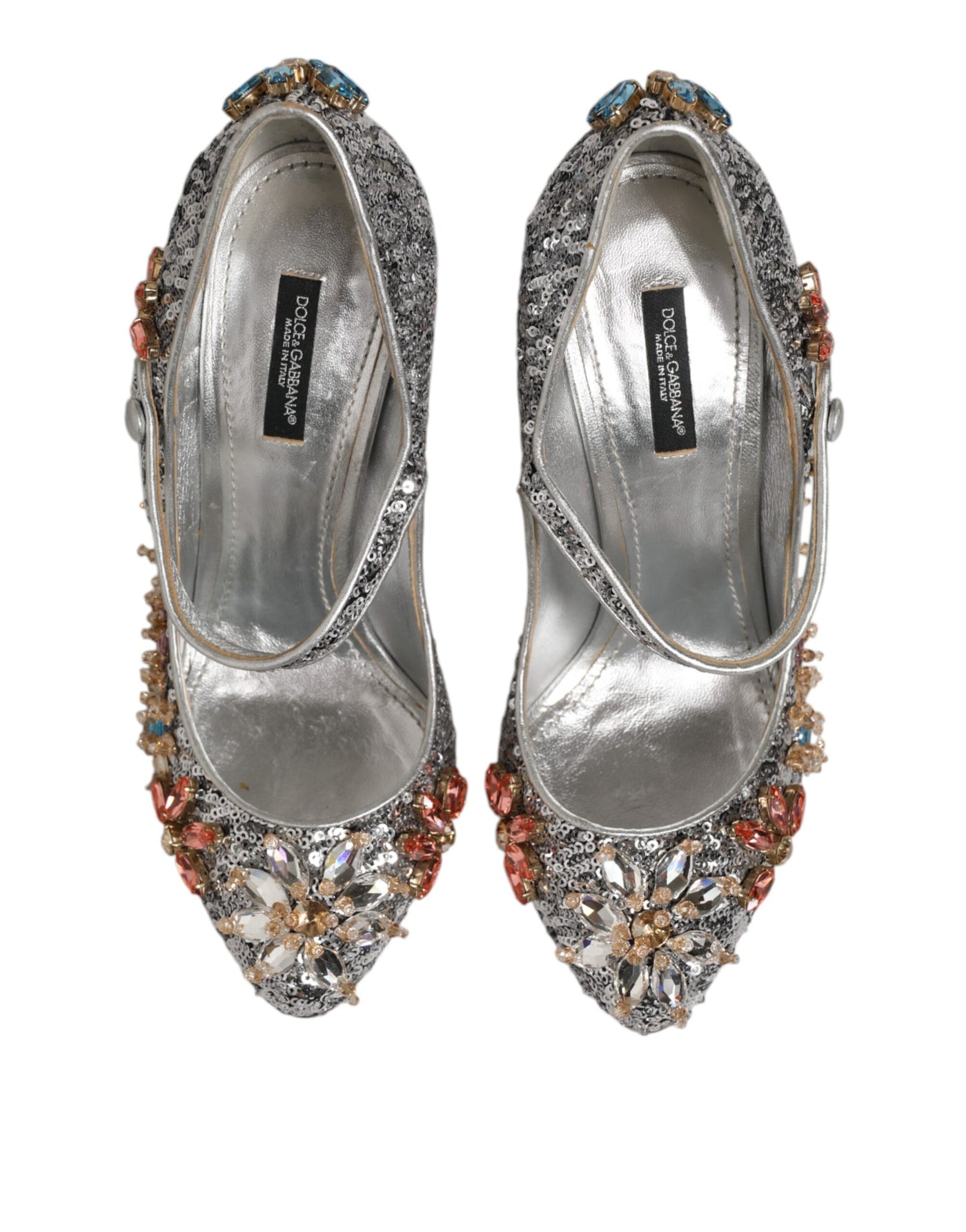 Dolce & Gabbana Silver Sequin Crystal Mary Janes Pumps Shoes