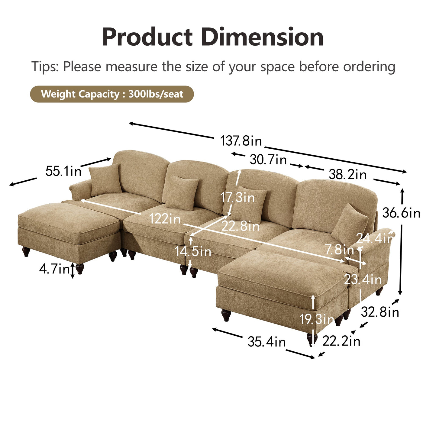Classic U Shape 4 Seater Modular Sectional Sofa Couch with Flared Arms and Removable Ruffles Pleats Skirts and Spindle Legs, Chenille Deep Seat Cloud Sofa with Movable Ottomans, Light Coffee