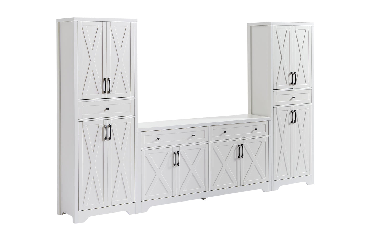 TV Cabinet Set Multifunctional TV Wall, One TV Cabinet and Two Sideboards for Living Room, White,  108.7''L x 15''W x 68''H.