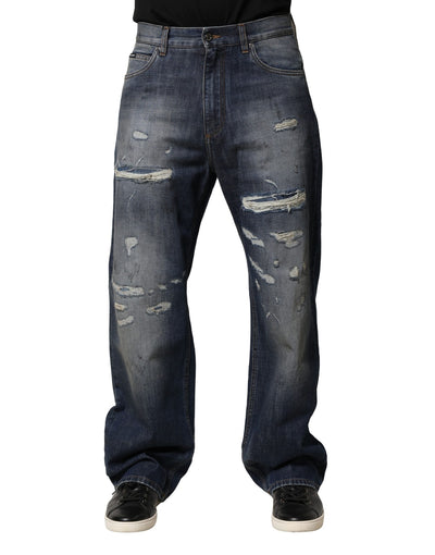 Dolce & Gabbana Blue Tattered Cotton Straight Men Denim Jeans