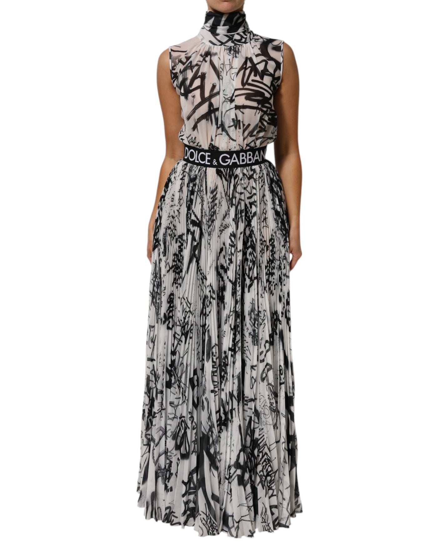 Dolce & Gabbana Black White Monogram Pleated Long Gown Dress
