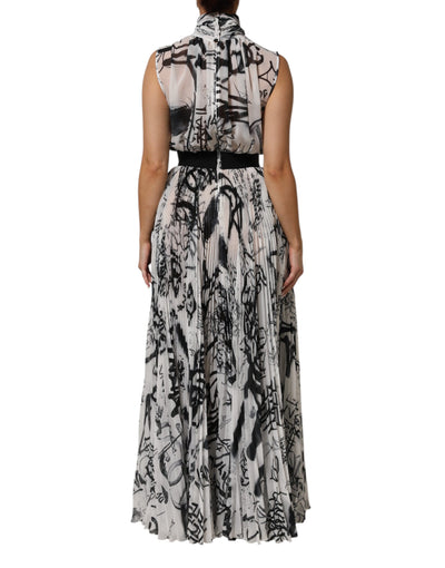 Dolce & Gabbana Black White Monogram Pleated Long Gown Dress