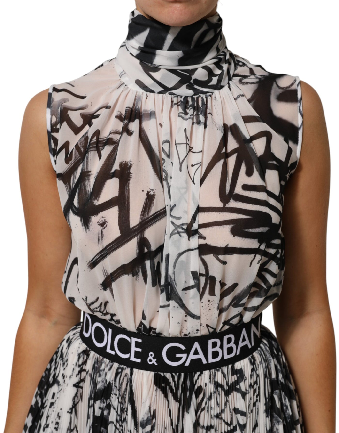 Dolce & Gabbana Black White Monogram Pleated Long Gown Dress
