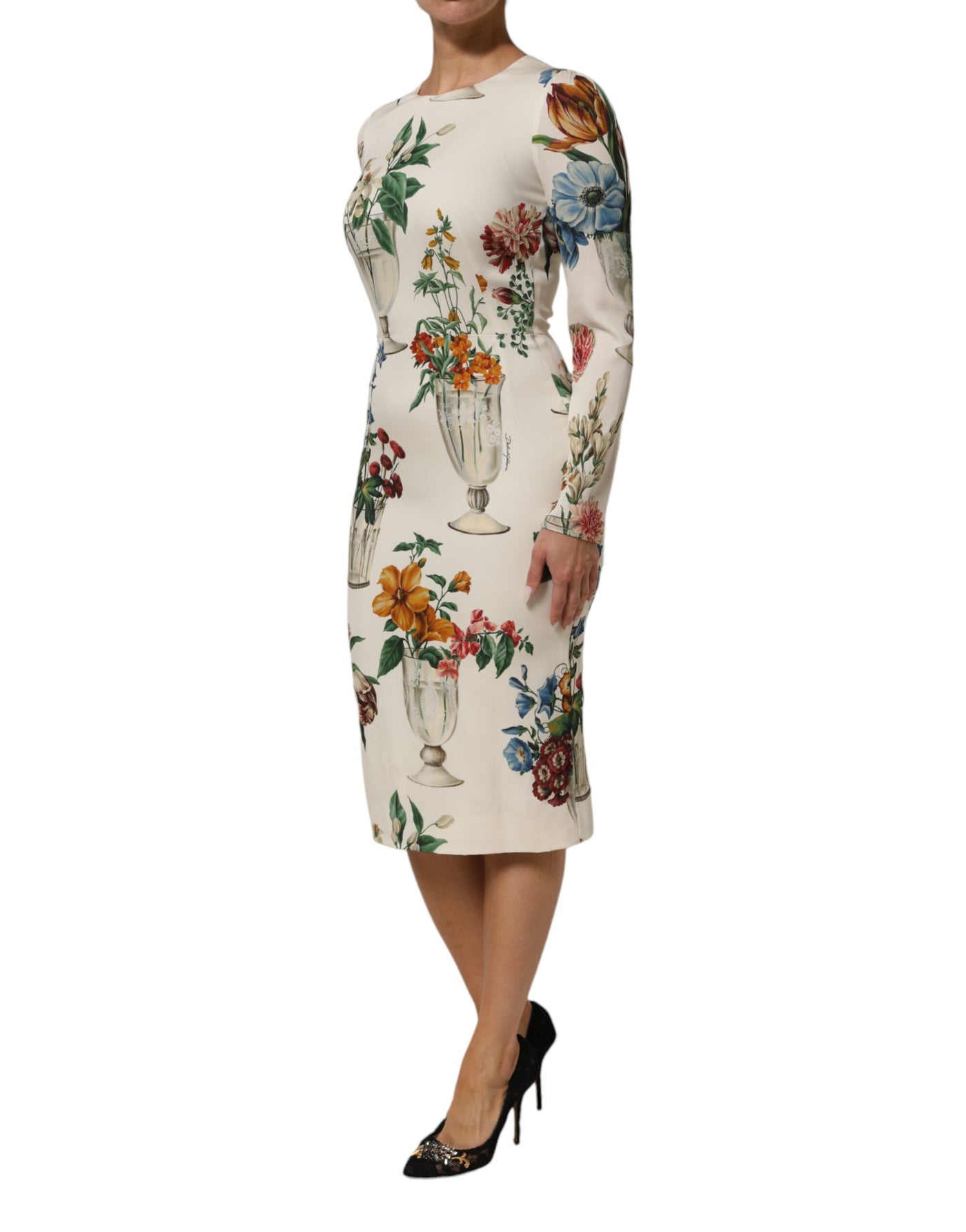 Dolce & Gabbana White Flower Vase Silk Sheath Midi Dress