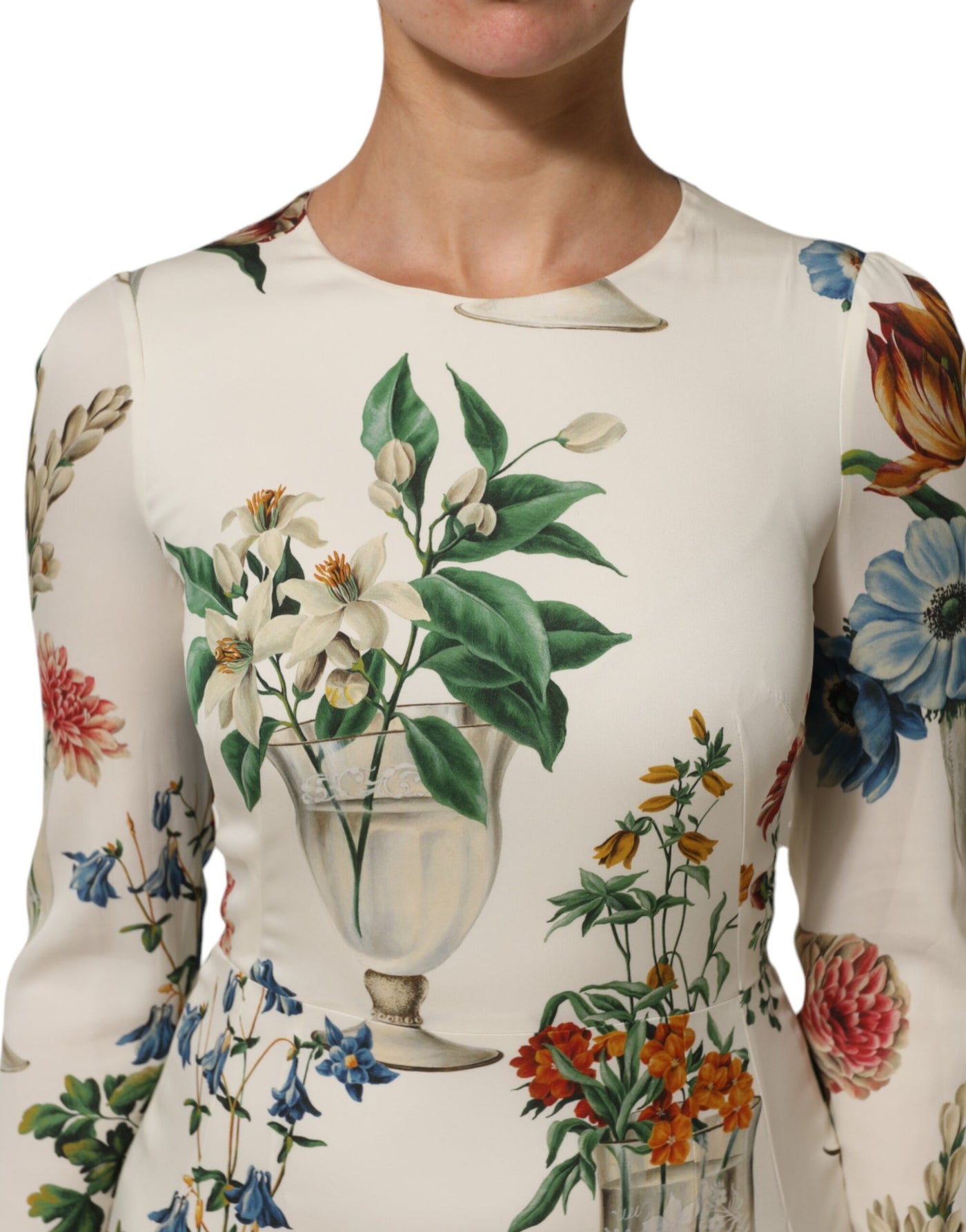 Dolce & Gabbana White Flower Vase Silk Sheath Midi Dress
