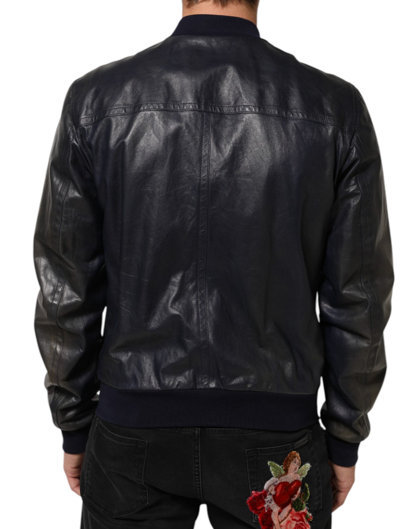 Dolce & Gabbana Blue Leather Full Zip Biker Blouson Jacket