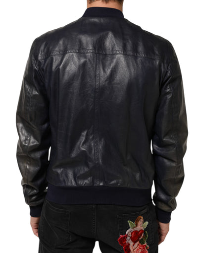 Dolce & Gabbana Blue Leather Full Zip Biker Blouson Jacket