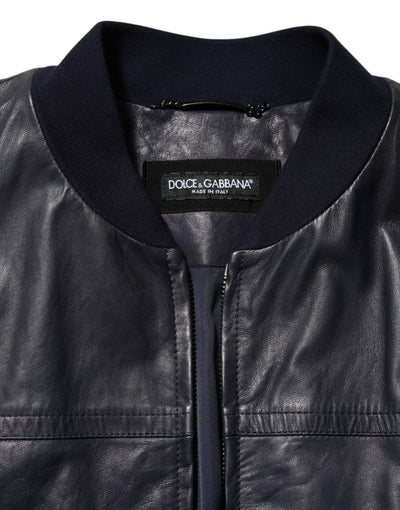 Dolce & Gabbana Blue Leather Full Zip Biker Blouson Jacket