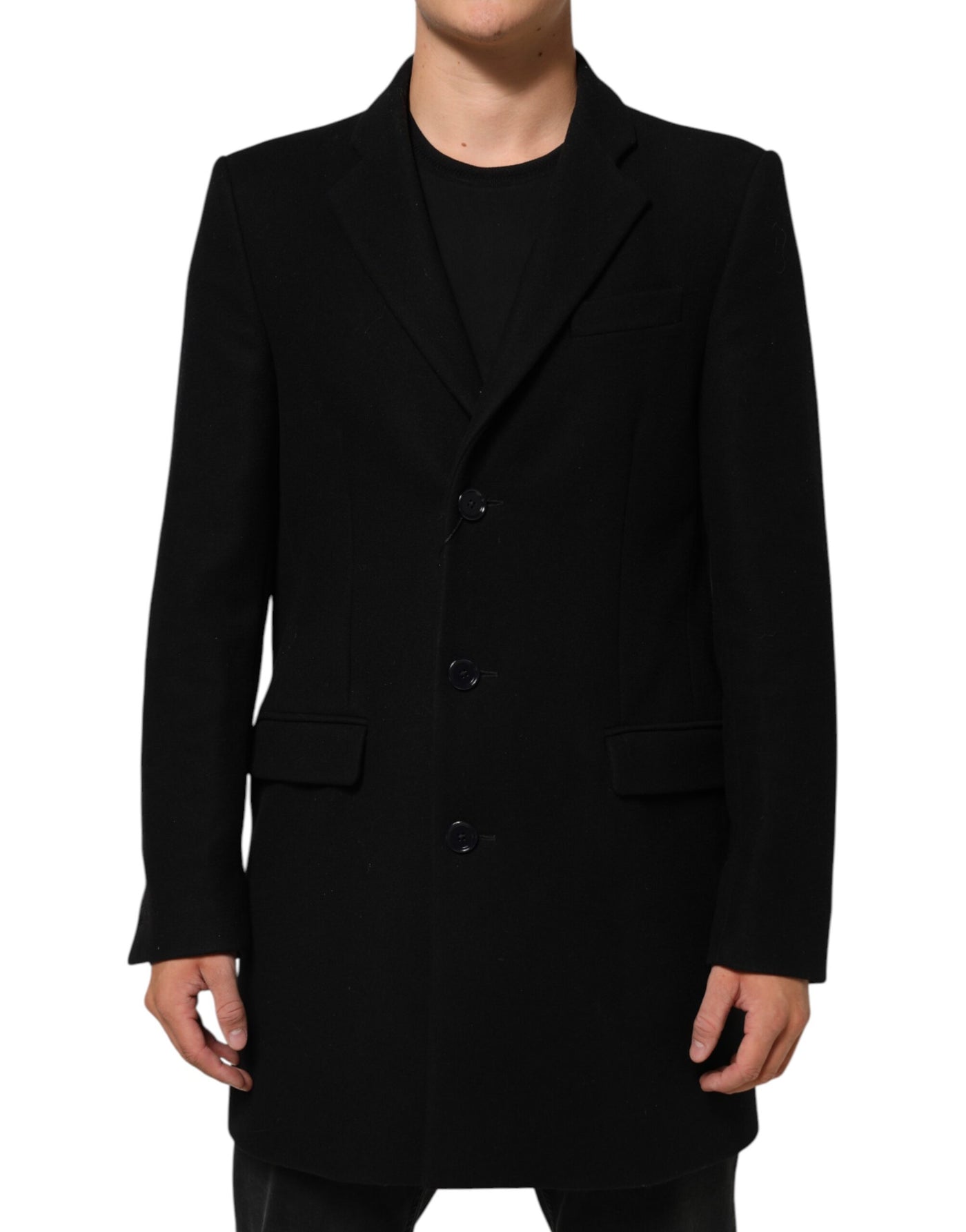 Dolce & Gabbana Black Wool Buttoned Men Trench Coat Jacket