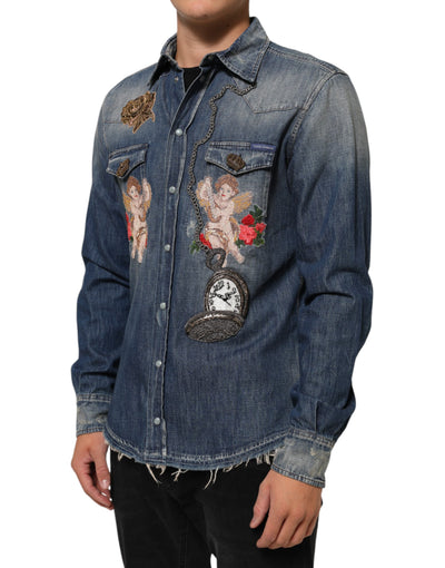 Dolce & Gabbana Blue Angel Patch Denim Buttoned Down Men Shirt