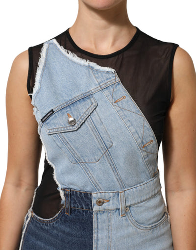 Dolce & Gabbana Blue Nylon Patchwork Denim Sheath Mini Dress