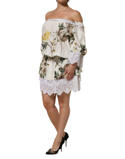 Dolce & Gabbana White Floral Lace Off Shoulder Mini Dress
