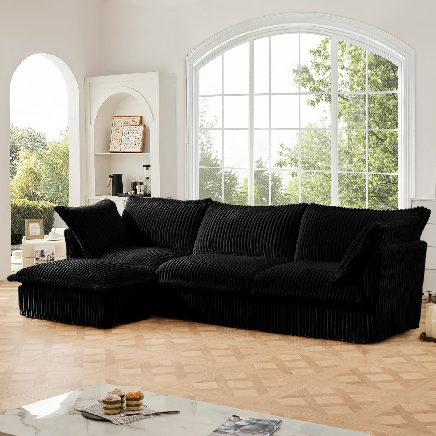 L-Shaped Slipcovered Sectional Sofa Couch, Comfy Deep Seat Cloud Couch with Convertible Ottoman & 2 Big Pillows, Modern Oversized 3 Seater Slipcovered Sofa Set for Living Room Office, Black Corduroy