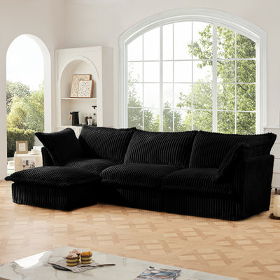 L-Shaped Slipcovered Sectional Sofa Couch, Comfy Deep Seat Cloud Couch with Convertible Ottoman & 2 Big Pillows, Modern Oversized 3 Seater Slipcovered Sofa Set for Living Room Office, Black Corduroy