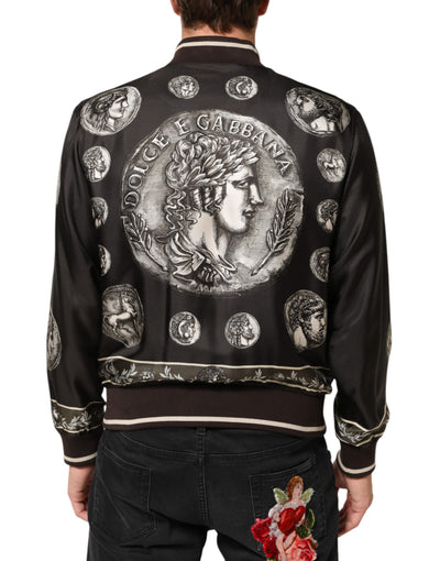 Dolce & Gabbana Black "Monete" Coin Print Silk Bomber Jacket