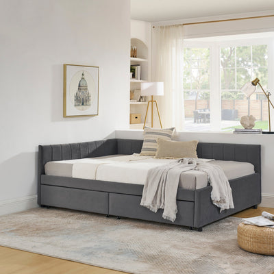 Full Size Upholstered Tufted Bed Frame with Two Drawers, Sofa Bed Frame with Comfortable Backrest and Armrests, Velvet, Grey(79.5''x58''x25'')