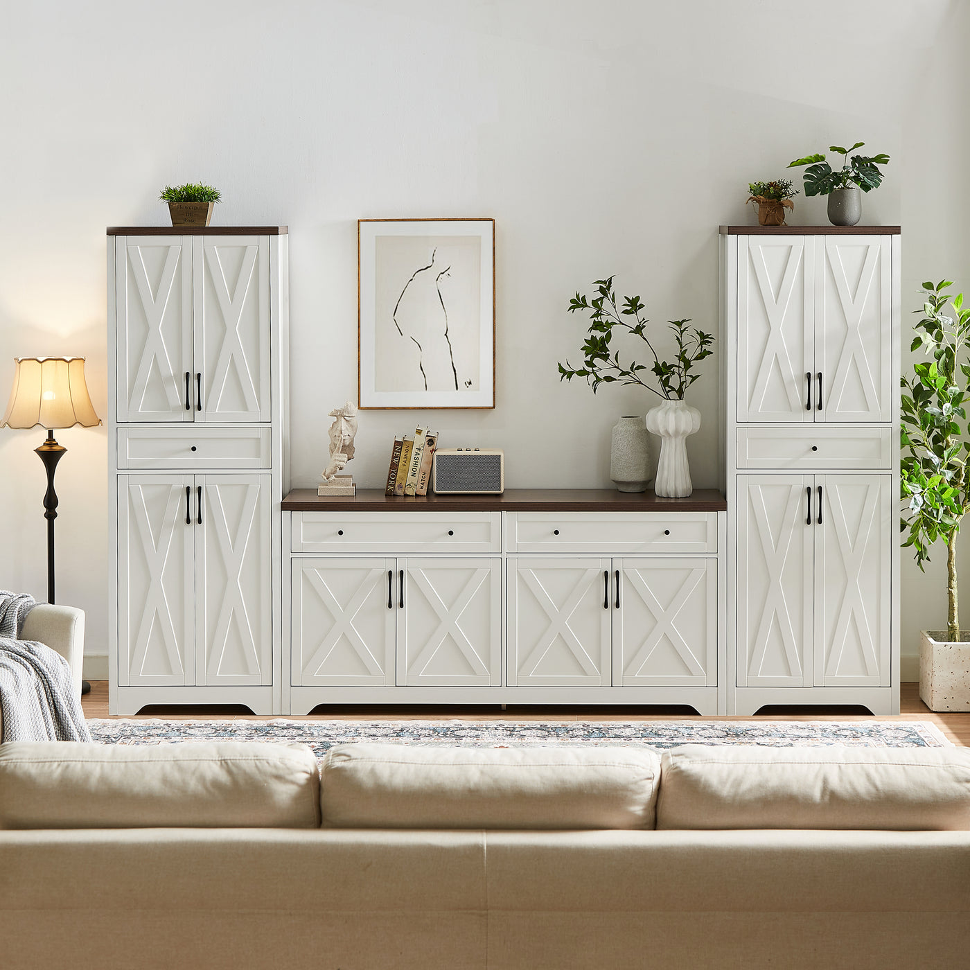TV Cabinet Set Multifunctional TV Wall, One TV Cabinet and Two Sideboards for Living Room, 108.7''L x 15''W x 68''H.