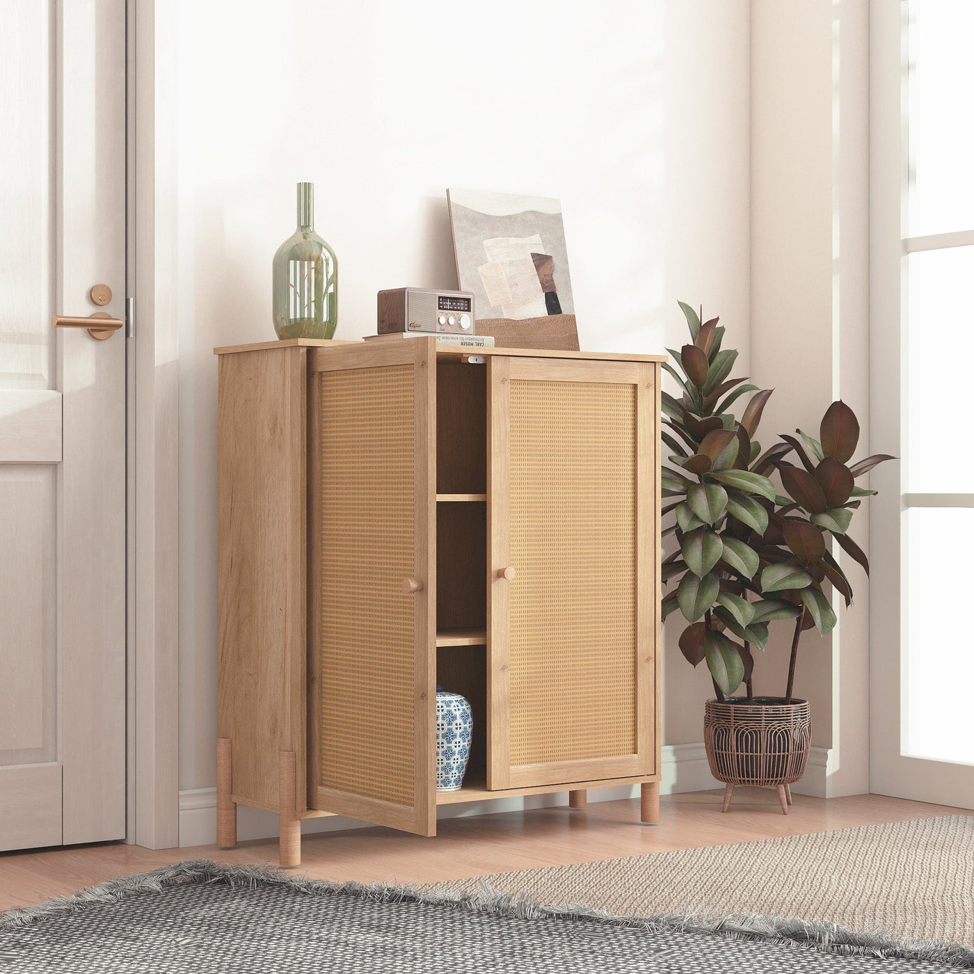 Mid-Century Modern Storage Cabinet with Woven Rattan Doors & Adjustable Shelves - Perfect for Living Room & Dining Room