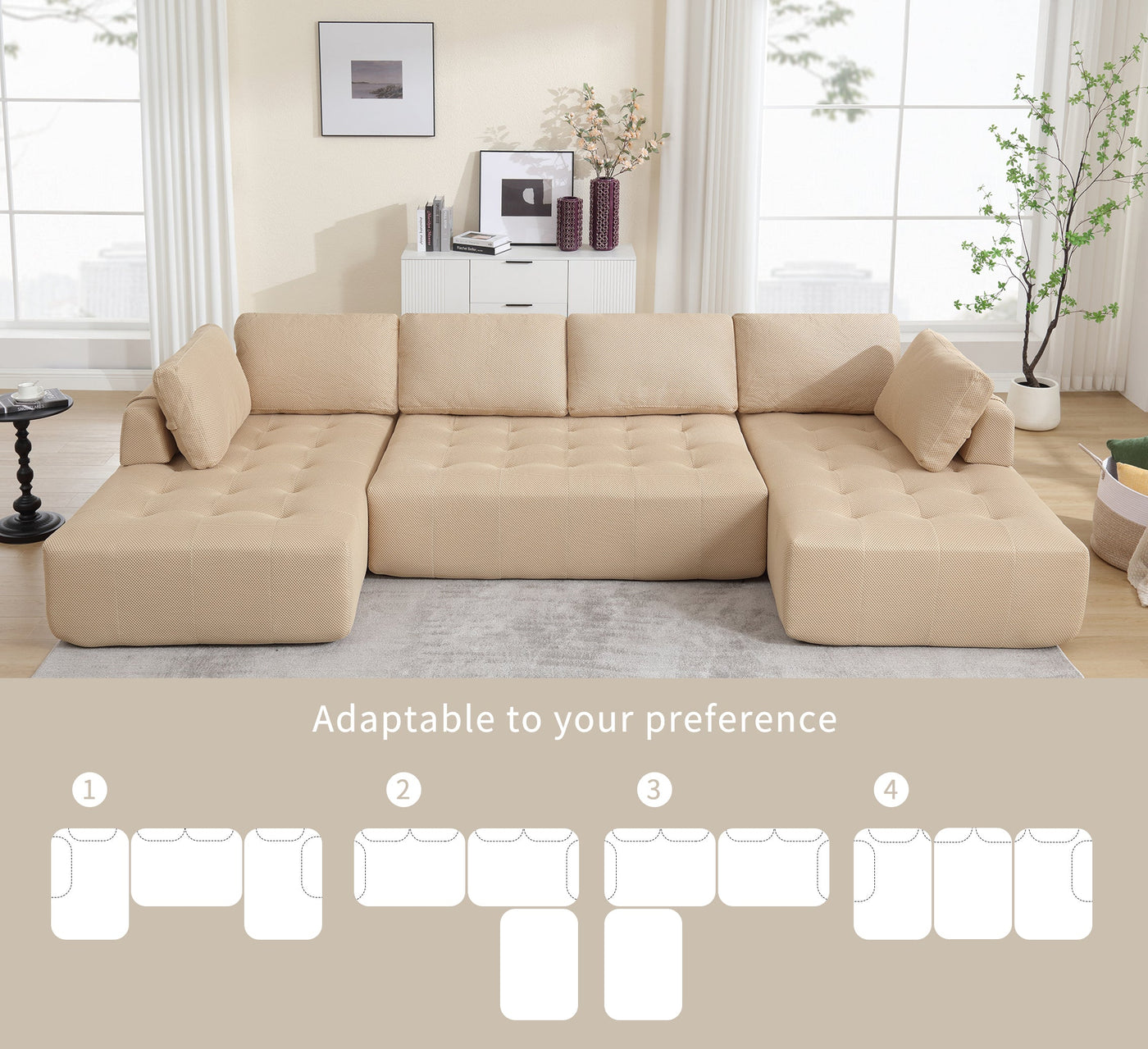 [NEW ARRIVED] [VIDEO PROVIDED]138.5 'Modular Combination Sofa, U-shaped Sofa, Living Room, Apartment, Upholstered ,6-seat Sofa, Free Combination Sofa (Mesh Fabric), Breathable Fabric, Khaki