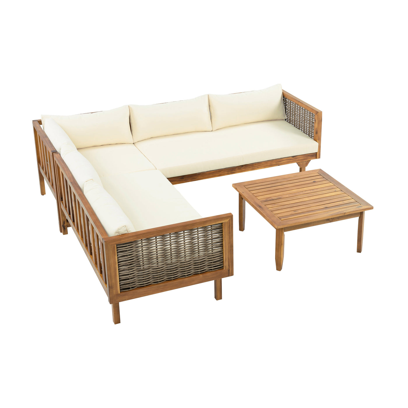 Premium Outdoor Sofa Set with Waterproof Cushions in Beige - Sectional Seating Group with Acacia Wood and Wicker