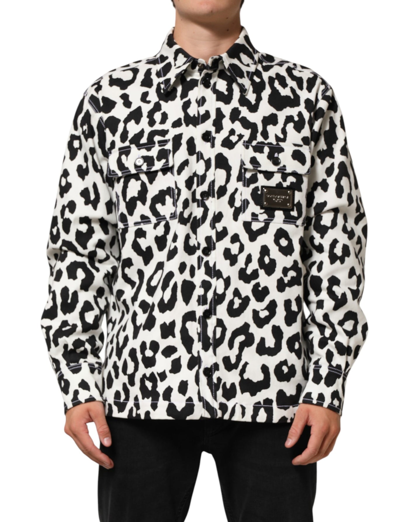 Dolce & Gabbana Black White Leopard Denim Blouson Sweater