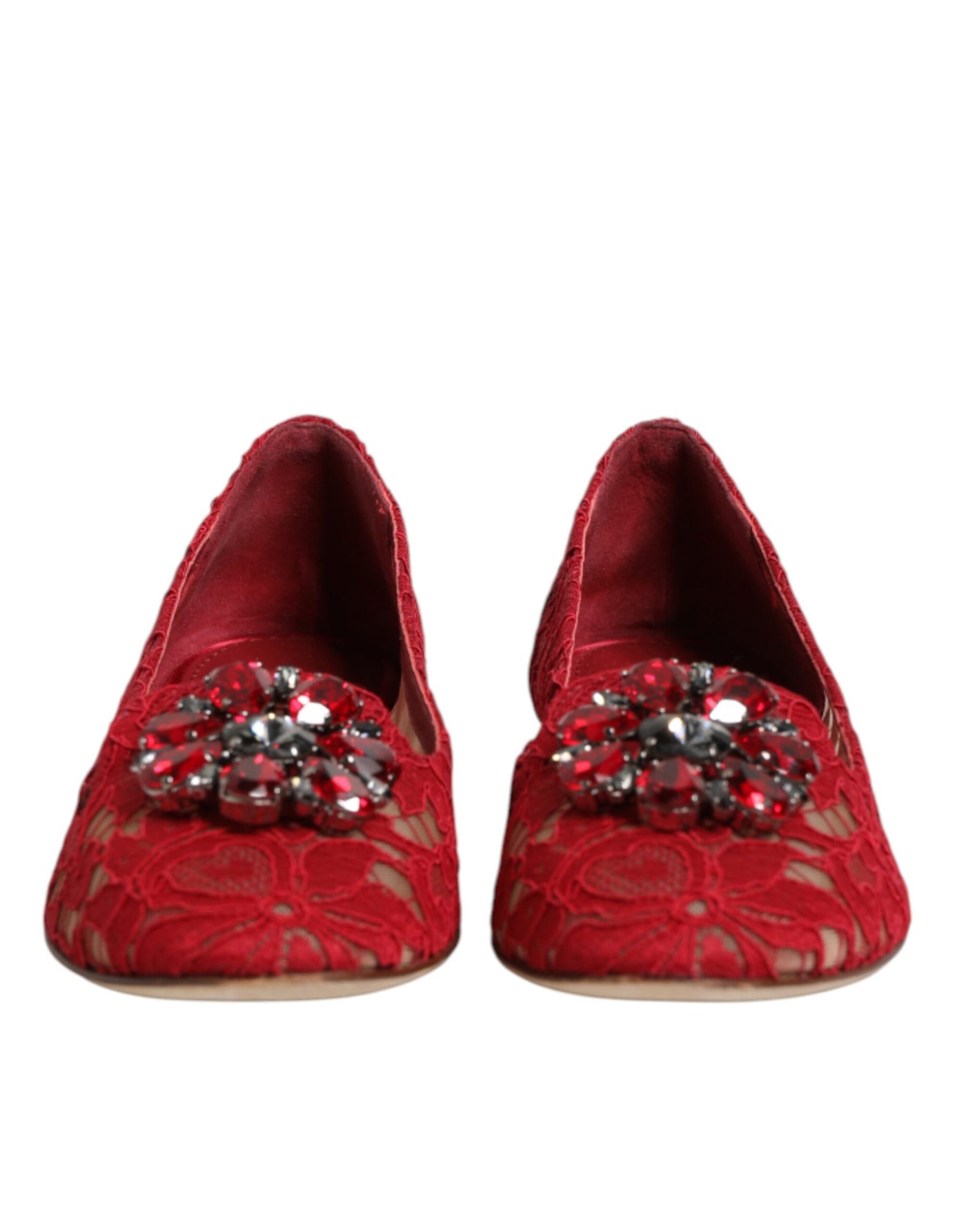 Dolce & Gabbana Red Lace Crystal Ballet Flats Loafers Shoes