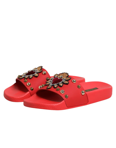 Dolce & Gabbana Red Sacred Heart Stud Slides Beachwear Shoes