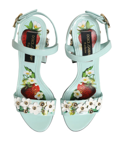 Dolce & Gabbana Mint Green Floral Studs Heels Sandals Shoes