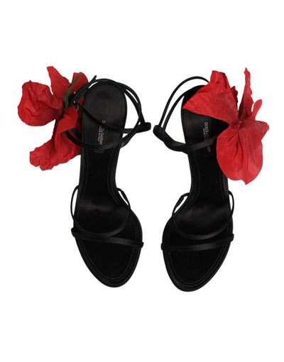 Dolce & Gabbana Black Leather Strappy Flower Heels Sandals  Shoes
