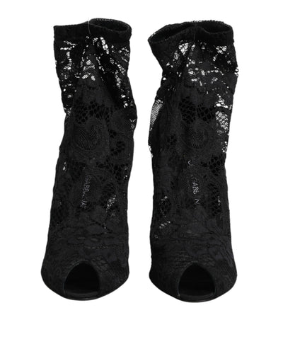 Dolce & Gabbana Black Stretch Taormina Lace Boots Shoes