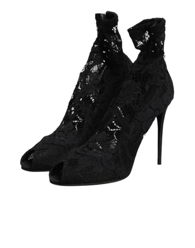 Dolce & Gabbana Black Stretch Taormina Lace Boots Shoes