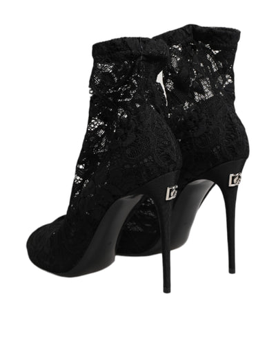 Dolce & Gabbana Black Stretch Taormina Lace Boots Shoes