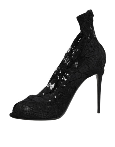 Dolce & Gabbana Black Stretch Taormina Lace Boots Shoes