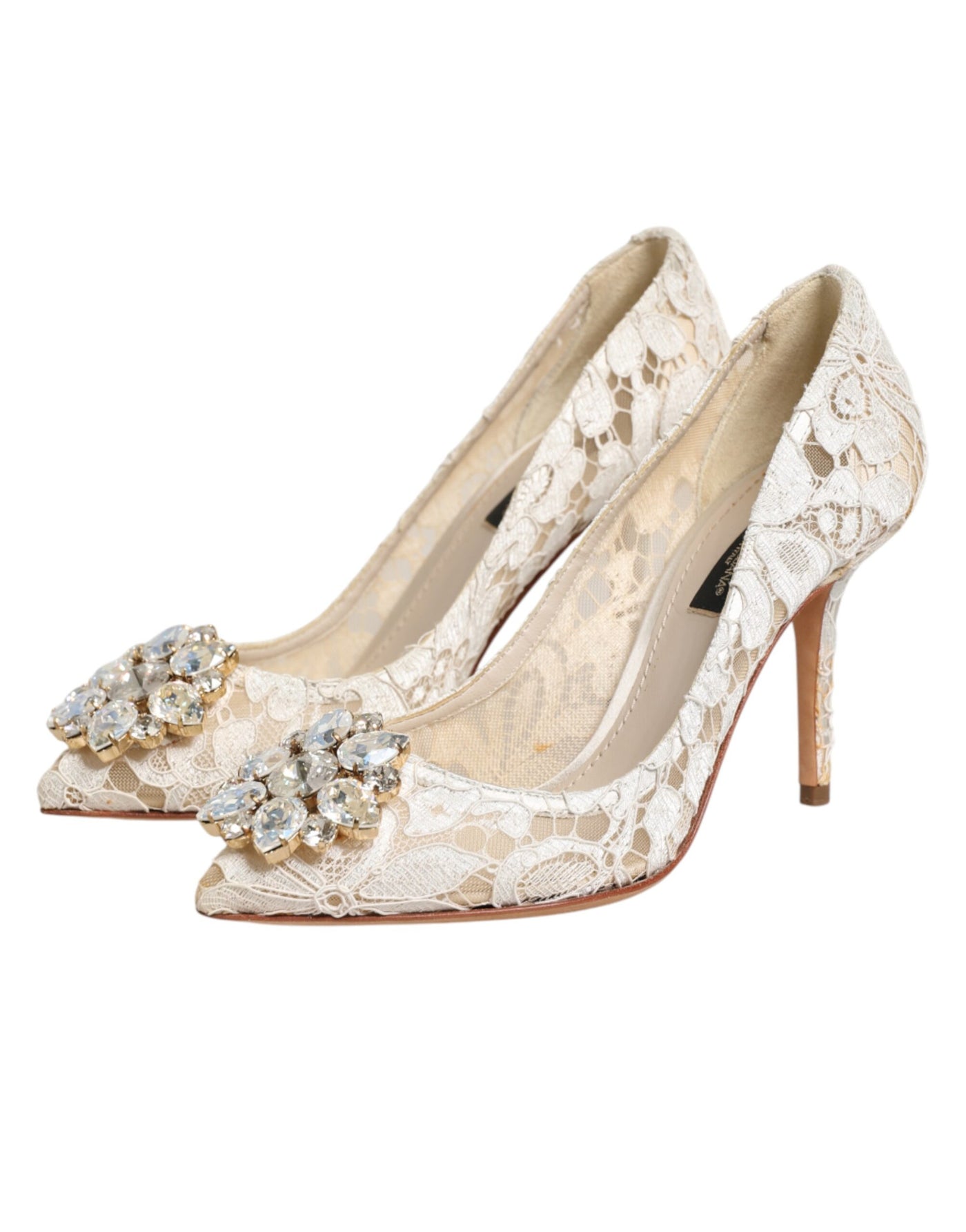 Dolce & Gabbana White Taormina Lace Crystal Heel Pumps Shoes