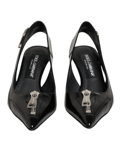 Dolce & Gabbana Black Zipper Leather Heels Slingbacks Shoes