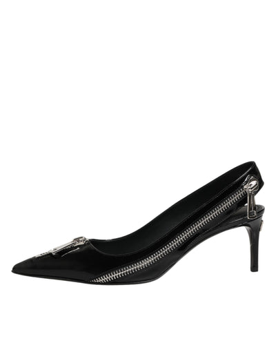 Dolce & Gabbana Black Zipper Leather Heels Slingbacks Shoes