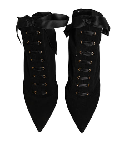 Dolce & Gabbana Black Stiletto Heels Lace Up Boots Shoes