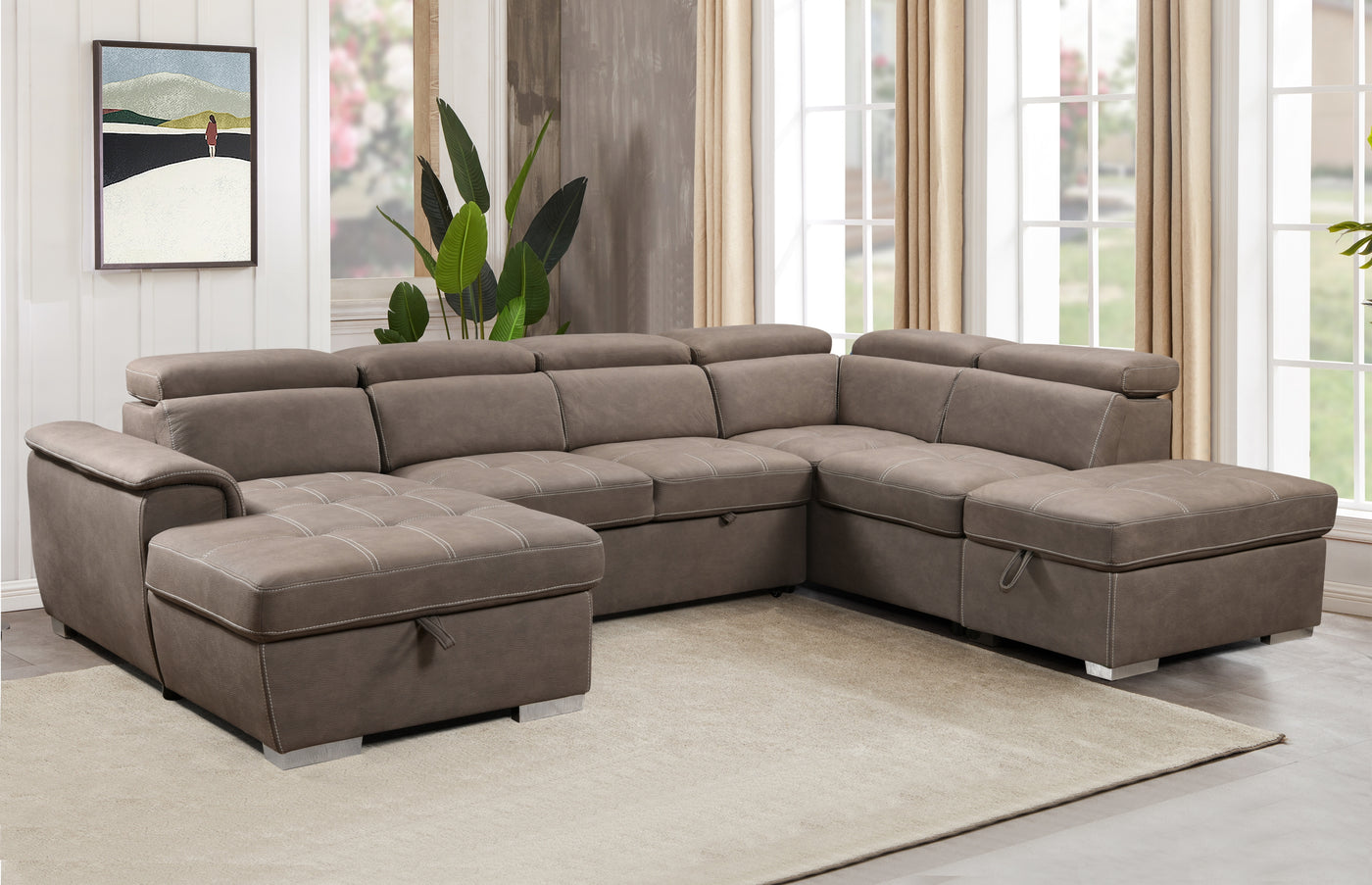 128'Sofa U Shaped Sectional Couch with Ottomans Reversible Modular Sofa 7 Seater Couch with Storage Seat,Living Room Furniture Sofa Sets with Adjustable Headrest, Brown