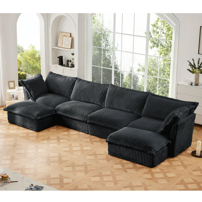 Slipcovered U Shape Sectional Wide and Deep Seat Sofa Couch, 4 Seater Sofa with French Edges Design Multiple Big Pillows, Soft Deep Seat Comfy Cloud Couch for Living Room, Apartment, Gray Corduroy