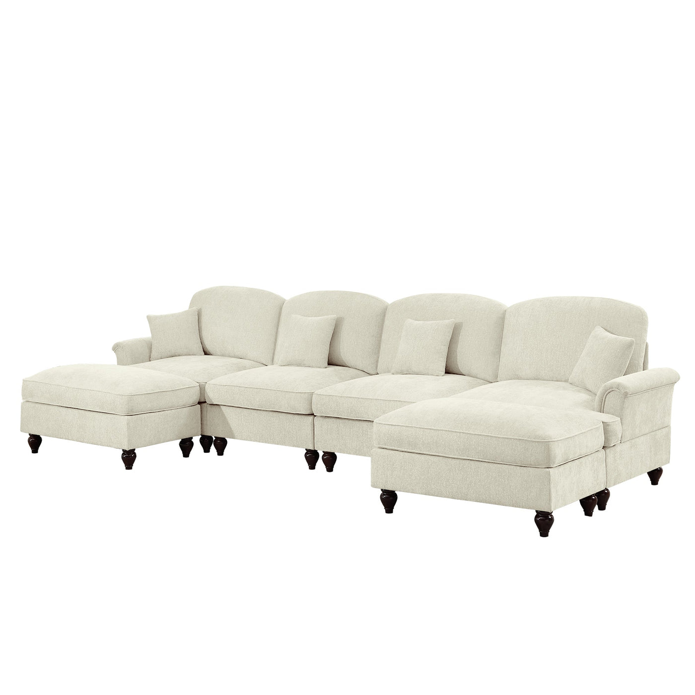 Classic U Shape 4 Seater Modular Sectional Sofa Couch with Flared Arms and Removable Ruffles Pleats Skirts and Spindle Legs, Chenille Deep Seat Cloud Sofa with Movable Ottomans, Beige White