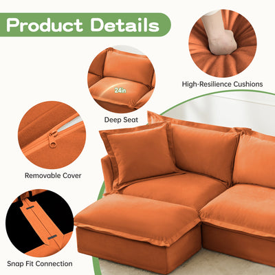 L-Shaped Slipcovered Sectional Sofa Couch, Comfy Chenille Deep Seat Cloud Couch with Convertible Ottoman & 2 Big Pillows, Modern Oversized 3 Seater Slipcovered Sofa Set for Living Room Office, Orange