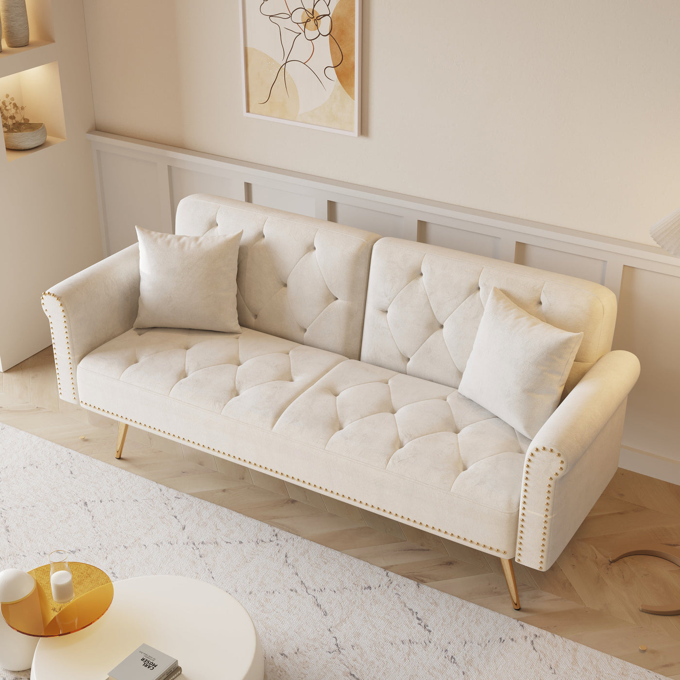 Luxurious Velvet Sofa Bed with Nail Head Trim and Matching Pillow in Beige, 69.7-Inch