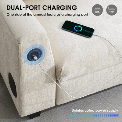 Chenille Sectional Sofa with Bluetooth Speaker, Comfy Cloud Couch Set with Drop Down Table, Cup Holders, USB Charger, Storage Armrest, Wide Seat, 96*35''