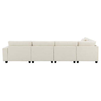 Chenille U Shaped Sectional Sofa with Ottoman, Storage, Cup Holders, and USB Ports, Off White, 128*67'