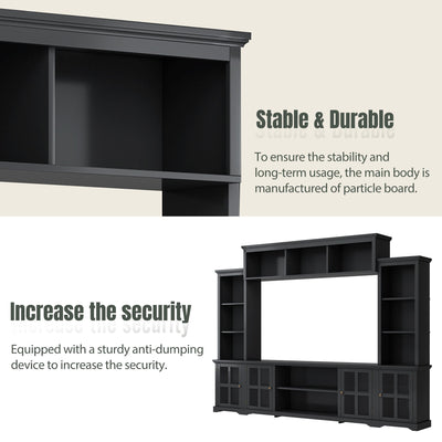 [VIDEO provided] ON-TREND Minimalism Entertainment Wall Unit with Bridge, Modern TV Console Table for TVs Up to 70', Multifunctional TV Stand with Tempered Glass Door, Black (Old SKU: SD000009AAB)