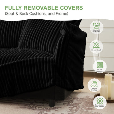 Slipcovered Long Sofa, 4 Seater Sofa with Removable Cover, Extra Deep Couch for Living Room, Corduroy Fabric Cloud Like Comfy Sofa Couch, Black Corduroy Fabric