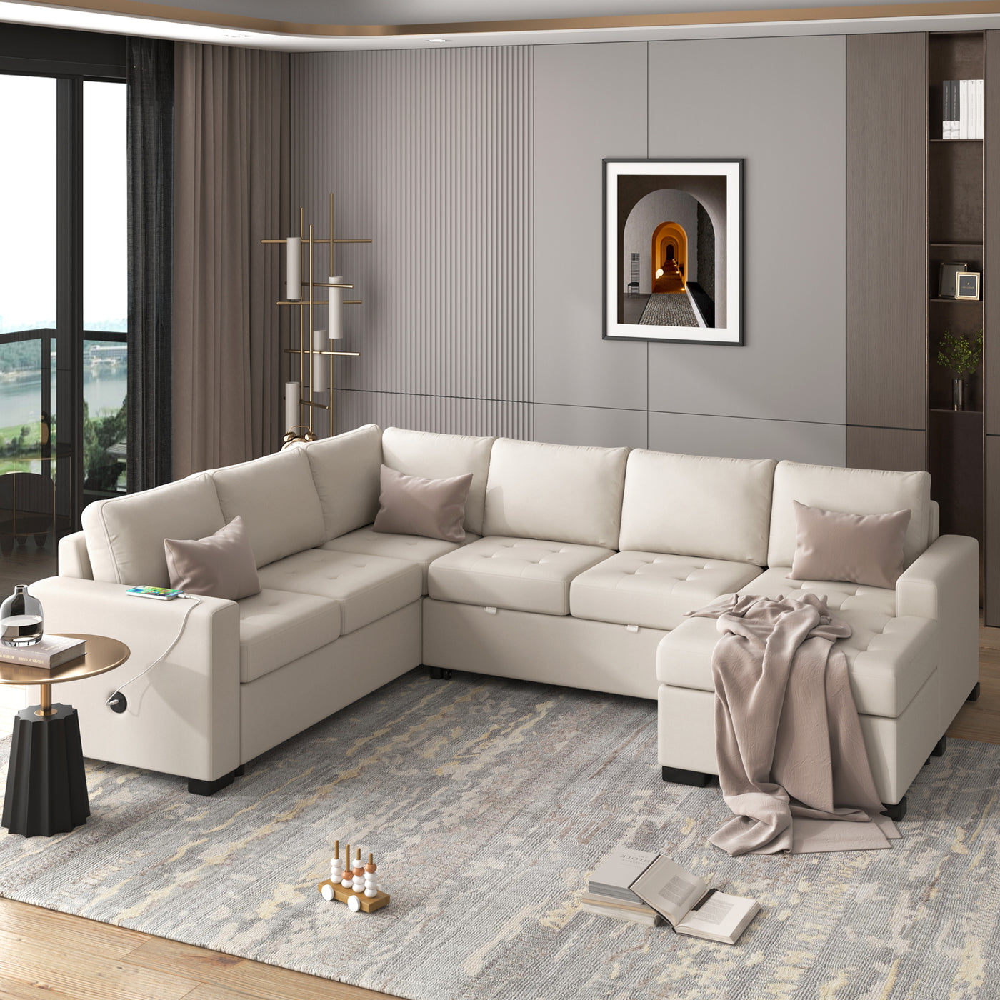 U_Style Sectional Sleeper Sofa with Pull-out Bed and Lounge Chair, USB and Type-C Interfaces, Suitable for Living Room, Office, and Spacious Spaces