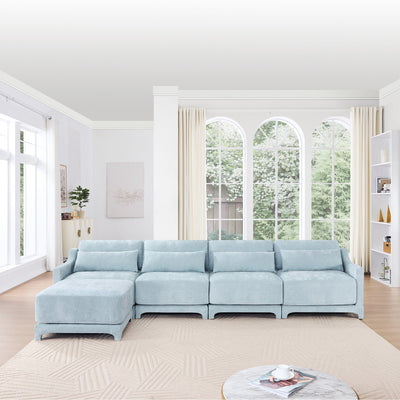 Stylish Four-Seater Sofa with Movable Ottoman in Sky Blue Chenille Fabric with Ergonomic Design
